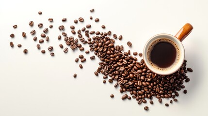 Coffee Aroma: Aromatic roasted coffee beans cascade towards a cup of freshly brewed coffee, captured in a top-down perspective.