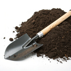 Gardening Tool: Small Trowel in Rich Soil isolated on white  background