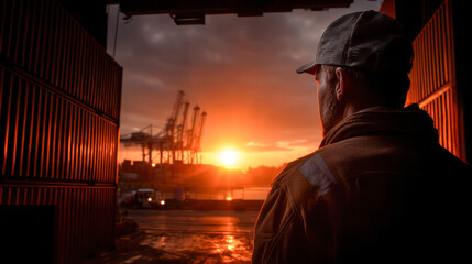 Dock worker gazes stunning sunset over harbor, surrounded by shipping containers and cranes, evoking sense of tranquility