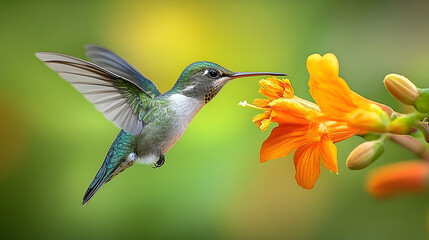 Fototapeta premium A hummingbird hovers near an orange flower.