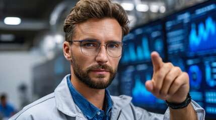 Professional man in control room, analyzing data with graphs and charts, focused expression, wearing glasses and jacket