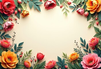 vibrant floral border textured paper art design colorful nature pattern decoration, botanical, wildflower, petal, leaf, backdrop, garden, detail, composition