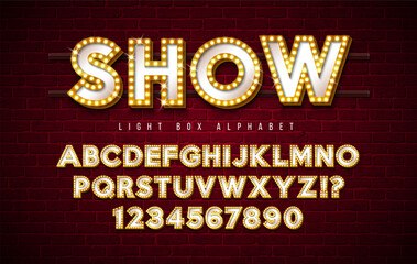Light Bulb Alphabet with Gold Frame Box and Shadow on Vintage Brick Wall Background. Glowing Retro Vector Font Collection with Shiny Bright Lights. ABC and Number Design for Casino, Night Club or