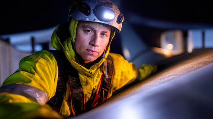 Maintenance worker in yellow rain jacket and helmet, focused on offshore wind turbine repair at night