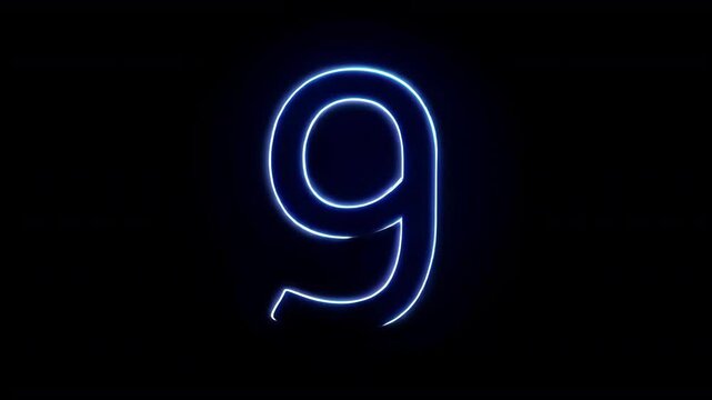 Glowing animation of blue neon number nine
