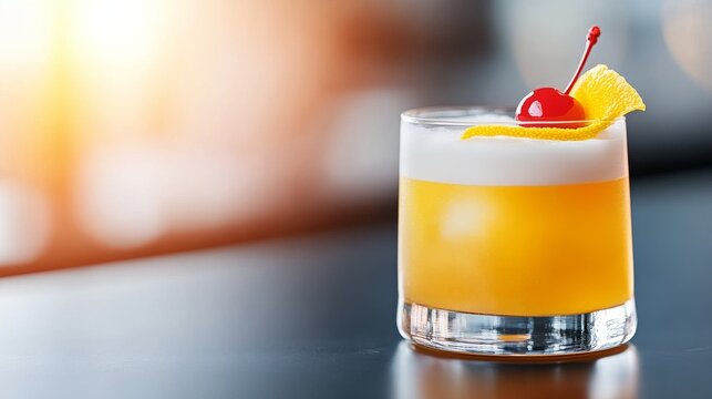 Golden Elixir Delight: A vibrant cocktail creation, brimming with a rich golden hue and garnished with a cherry and citrus twist, sits alluringly on a sleek surface.