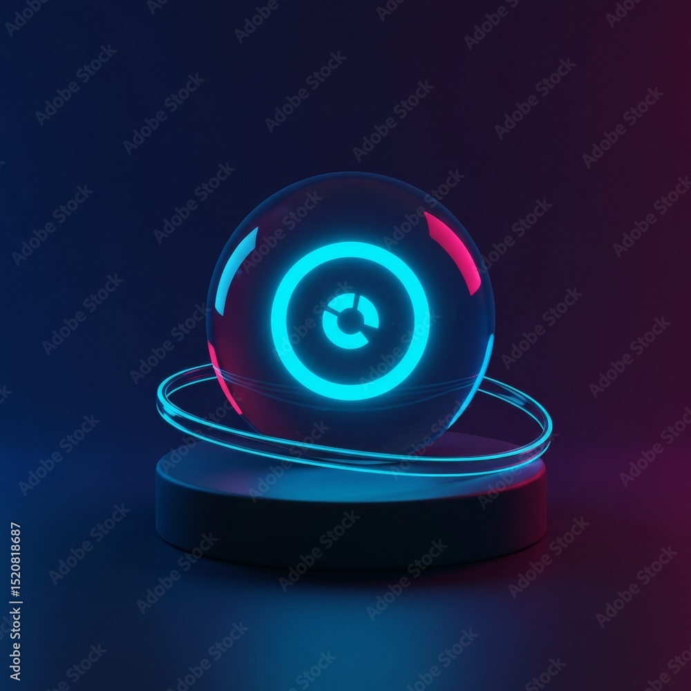 Poster neon glowing pie chart icon on a dark podium with orbiting rings. abstract graphic design for techno