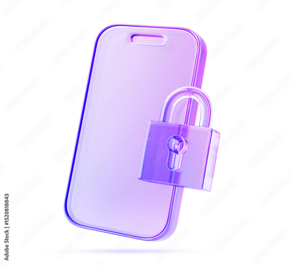 Poster glass holographic mobile phone with padlock for pin code. purple gradient render icon of safety tech