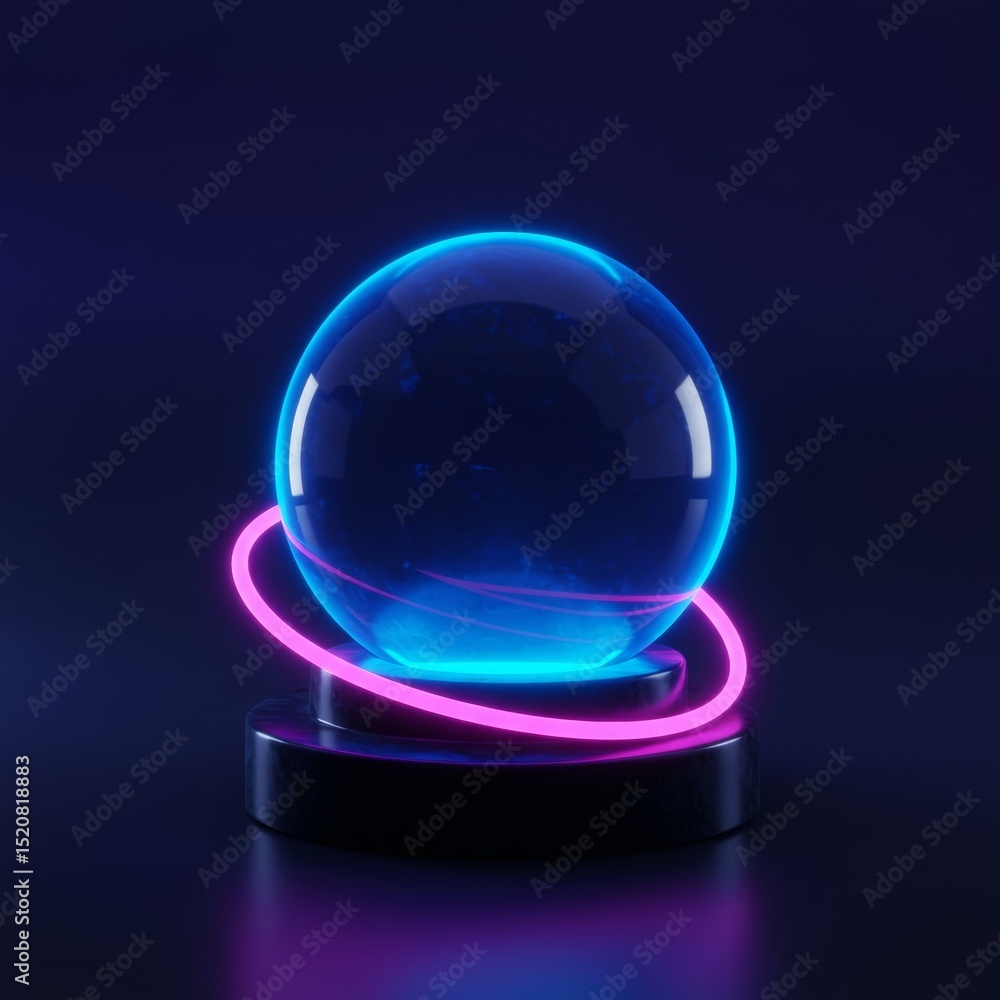 Poster 3D crystal ball with neon lighting on a dark pedestal. Abstract design element with vibrant color scheme. Modern digital graphic design with an artistic style.