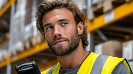 Warehouse worker using scanner in storage facility, focused and attentive, ensuring accurate inventory management