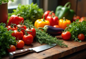 vibrant vegetable tableau featuring colorful produce knives artistic arrangement, chef, cooking, board, food, ingredients, herbs, seasonings, chopping