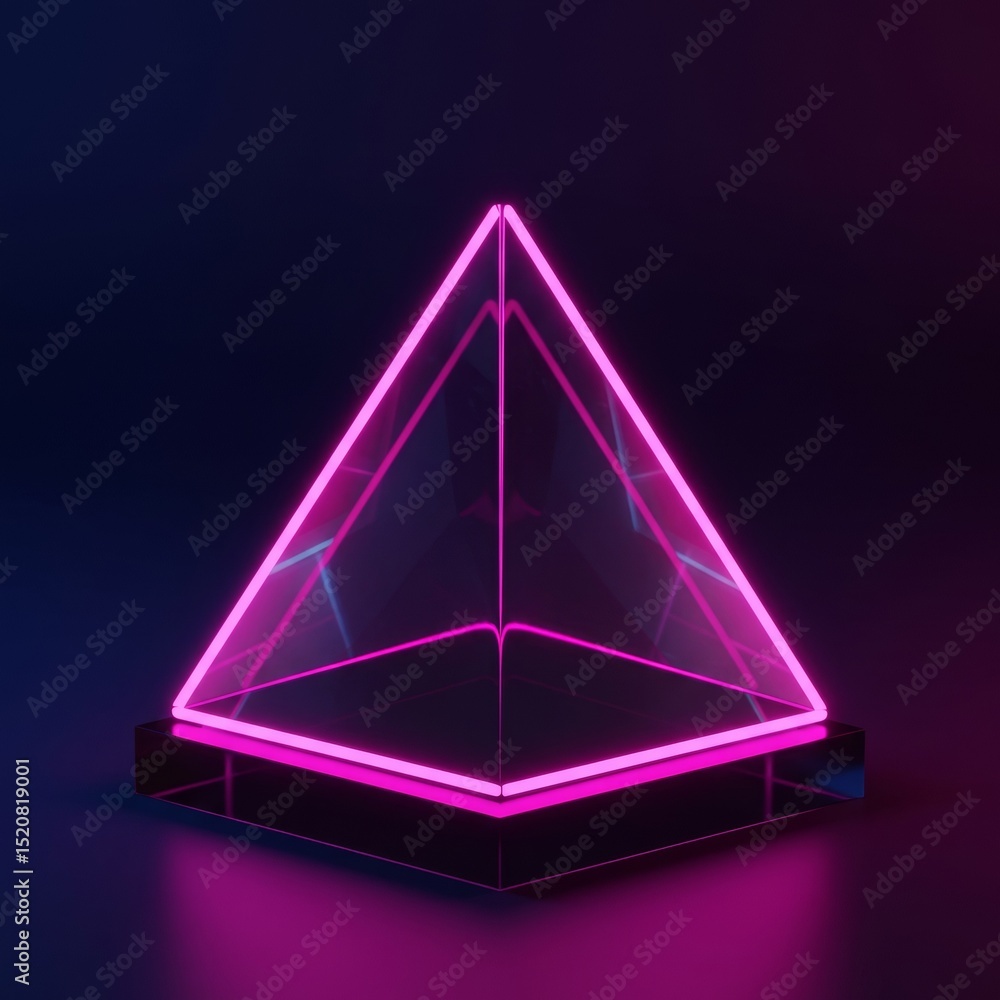 Poster neon pink pyramid display podium in dark studio setting. geometric showcase with a dark, modern back