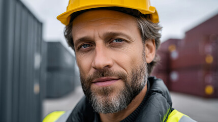 Confident engineer standing in container yard, wearing yellow hard hat and safety vest, showcasing professionalism and focus