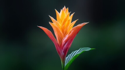 Vibrant Orange and Red Tropical Flower with Moisture Drops Against a Dark Background