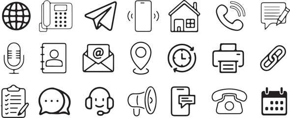 contact, communication, icon, set, collection, symbol, phone, email, location, address, microphone, speech bubble, calendar, time, link, 