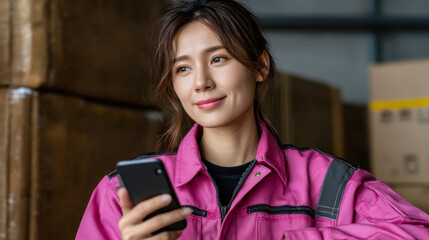 Warehouse worker in pink uniform smiles while using smartphone, showcasing positive and engaged attitude