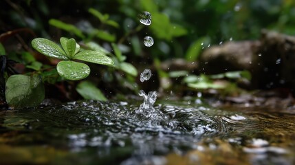 Fototapeta premium Splashes of water from a falling drop in nature. Water as the meaning of life on earth, a vital force for all creatures.
