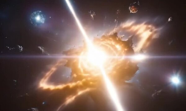 A cosmic scene of GRB 221009A, the brightest gamma-ray burst, erupting from a collapsing hypernova. Gas clouds, disrupted stars, shockwaves, and radiant nebulae pulse with cosmic energy in dramatic.