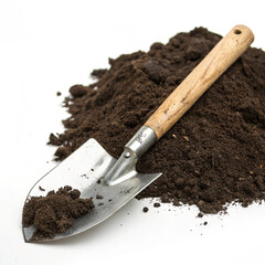 Gardening Essentials: A Hand Trowel in Rich, Dark Soil isolated on white  background