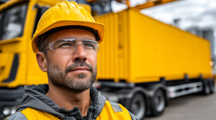 Construction worker wearing yellow hard hat and safety glasses stands confidently front of yellow shipping container truck