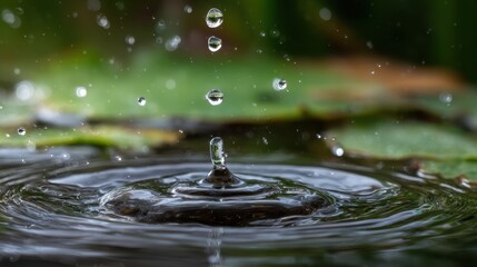 Splashes of water from a falling drop in nature. Water as the meaning of life on earth, reflecting the planet’s essence.

