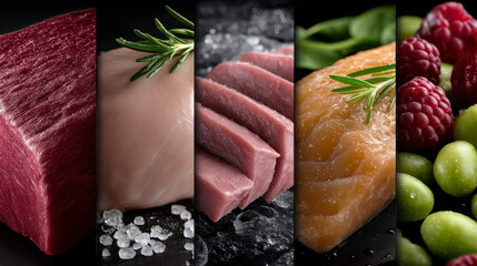 Vibrant display of fresh seafood and meats, showcasing various cuts and textures, garnished with herbs