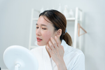 Woman worried about face Dermatology, rosacea dermatitis, allergic steroids, sensitive skin, red...