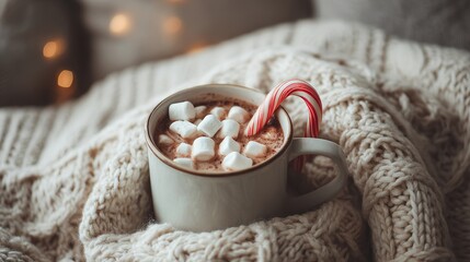 Cozy winter scene featuring a mug of hot chocolate topped with marshmallows and a candy cane nestled in a warm knit sweater.