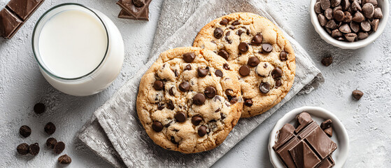 Fototapeta premium A glass of milk with two chocolate chip cookies and chocolate pieces on a gray textured surface