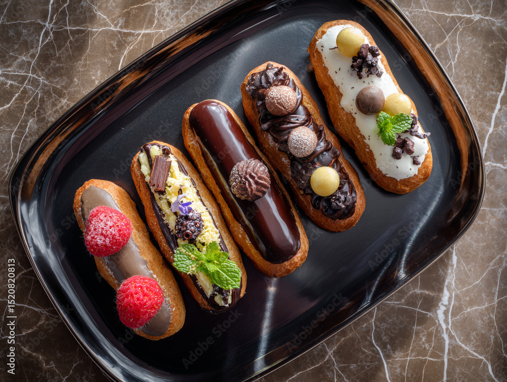 Poster a top down view of assorted eclairs on a dark rectangular plate with a marble surface background