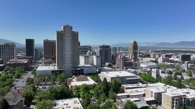 Aerial Salt Lake City Utah LDS Temple buildings 2. City center downtown business and religious headquarters. The Church of Jesus Christ of Latter-day Saints temple square. Capitol city urban.