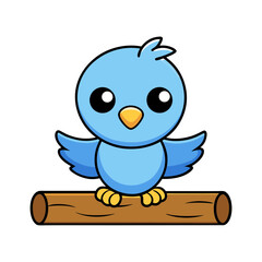 Fototapeta premium Cute cartoon blue bird perched on a wooden branch