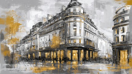 Fototapeta premium Paris street scene with luxury boutiques and classic architecture in abstract digital painting style, featuring warm golden tones and expressive brushstrokes