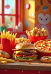 vibrant fast food assortment colorful fries burger tacos pizza donuts delicious snacks junk food display, treat, petite, fingerfood, appetizer, greasy