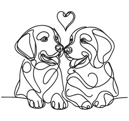 Simple continuous line art drawing of two cute puppies with heart symbol outline illustration love friendship
