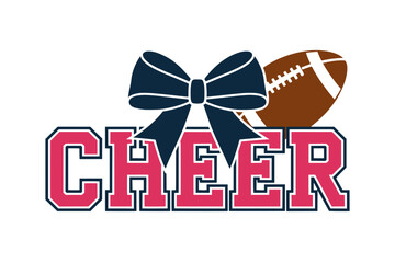 Cheer Graphic with Blue Bow and Football, Bold cheerleading design featuring varsity-style pink &ldquo;CHEER&rdquo; text, a large blue bow in the background, and a football accent.

