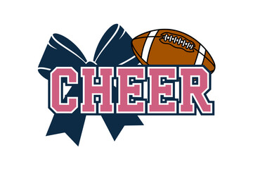 Cheer Graphic with Blue Bow and Football, Bold cheerleading design featuring varsity-style pink &ldquo;CHEER&rdquo; text, a large blue bow in the background, and a football accent.

