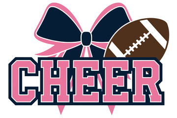 Cheer Graphic with Blue Bow and Football, Bold cheerleading design featuring varsity-style pink &ldquo;CHEER&rdquo; text, a large blue bow in the background, and a football accent.

