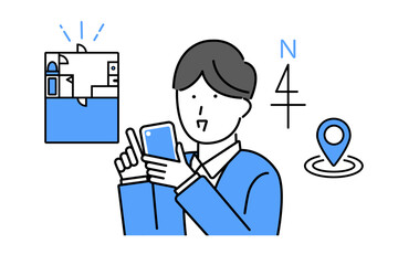 スマホを使って賃貸物件の部屋探しをする男性のイラスト