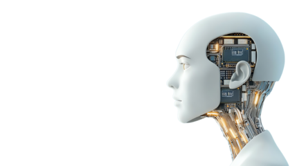 Futuristic humanoid robot head with exposed circuitry, showcasing advanced technology on a white isolated background.