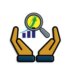 Technology icons. Predictive Analytic. Upward graph with magnifying glass in hand. Depicts automation, artificial intelligence. Isometric design style