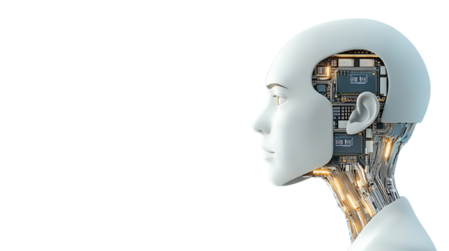 Futuristic humanoid robot head with exposed circuitry, showcasing advanced technology on a white isolated background.