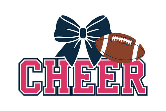 Cheer Graphic with Blue Bow and Football, Bold cheerleading design featuring varsity-style pink &ldquo;CHEER&rdquo; text, a large blue bow in the background, and a football accent.

