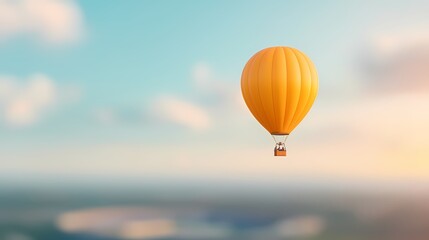 Single orange hot air balloon floating in a blue sky with soft clouds. Concept of adventure, travel, freedom, and exploration.