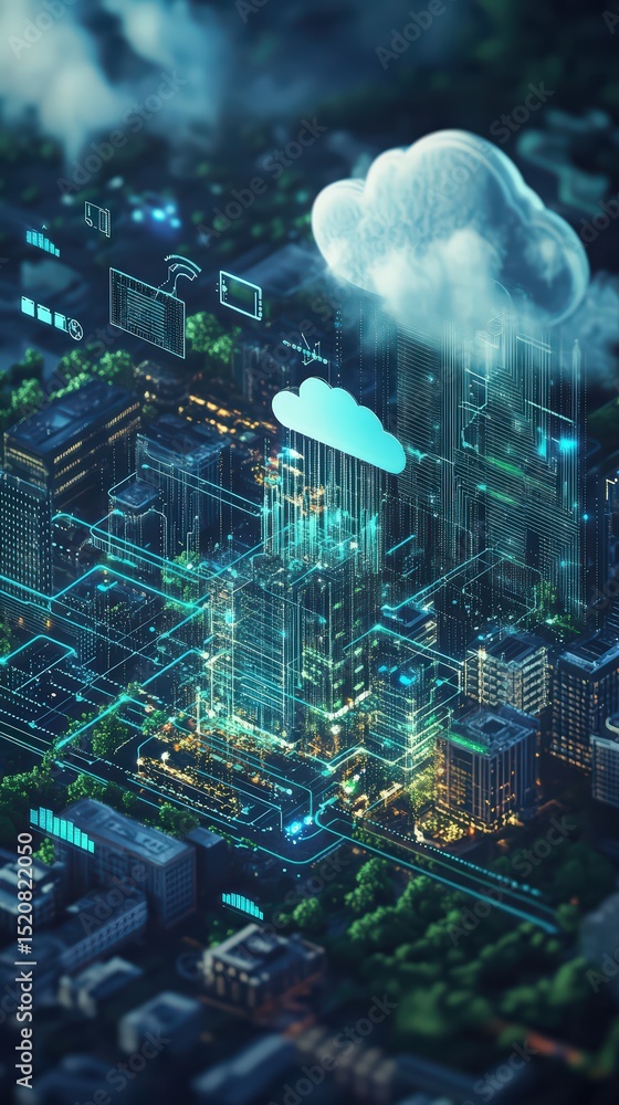 Poster futuristic city integrating cloud computing technology with intelligent infrastructure