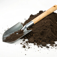 Gardening Supplies: Metal Trowel in Rich Dark Soil for Planting isolated on white  background