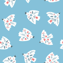 Cute pattern with birds with rustic folklore ornaments. Seamless texture with white doves in Scandinavian style for wrapping paper or textile. Vector pattern in flat style on blue background. 
