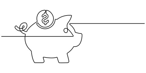 Continuous line piggy bank. piggy bank icon one line drawing. invitation let's save, one line art concept of business finance. financial investment. isolated white background. vector illustration.