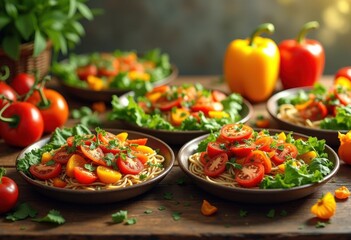 vibrantly colorful vegetarian dishes artfully arranged rustic wooden table top fresh ingredients flavorful presentation, food, meal, recipe, cuisine, salad