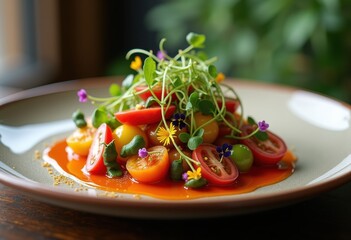 vibrantly plated culinary dish colorful ingredients fresh gourmet presentation, plating, cuisine, vegetable, herb, spice, vibrancy, meal, texture